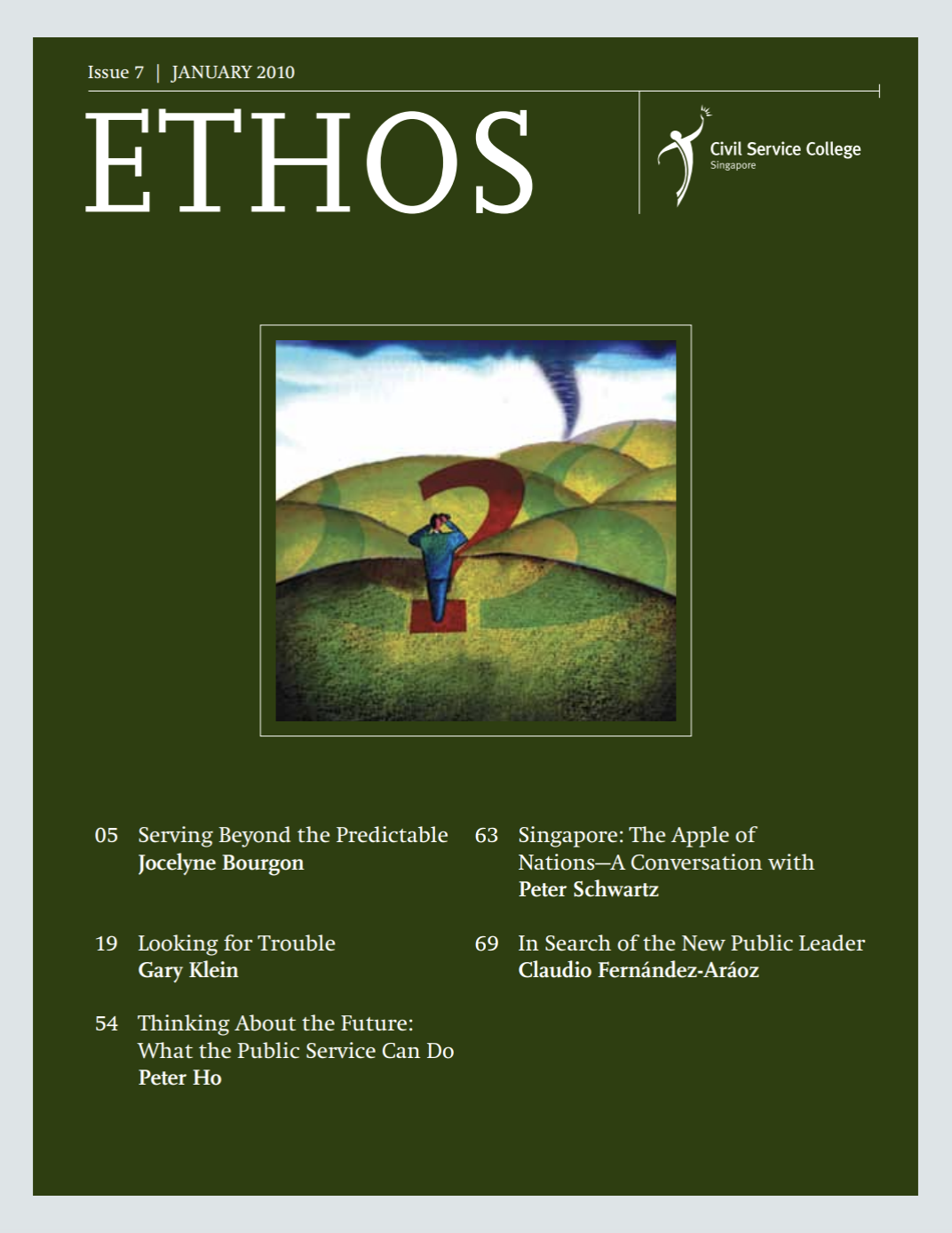 Magazine cover titled "ETHOS" with a person standing on a large question mark, and article titles listed below.